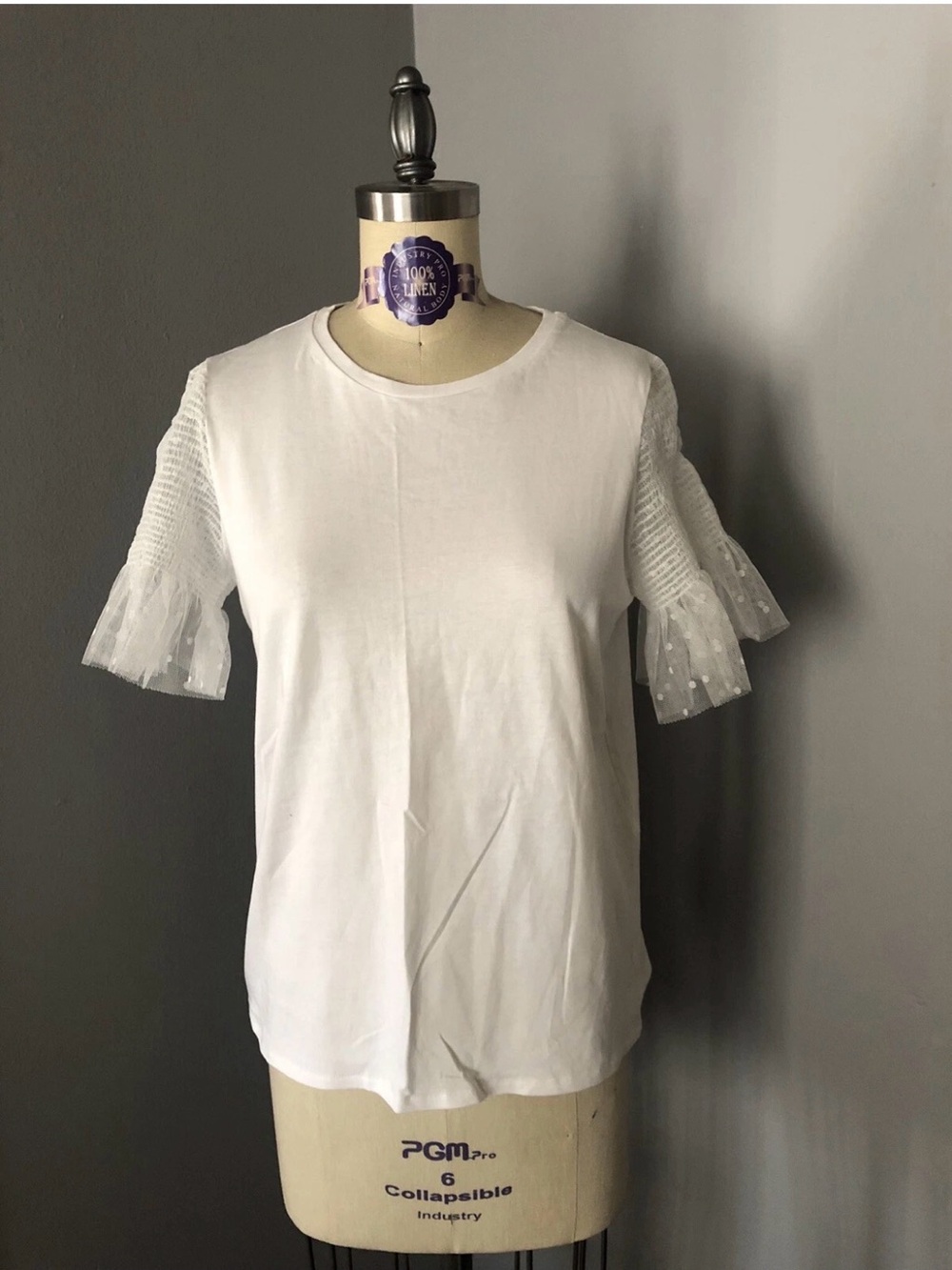 Zara White Short Sleeve Tee with Sheer Dot Ruffle Sleeves